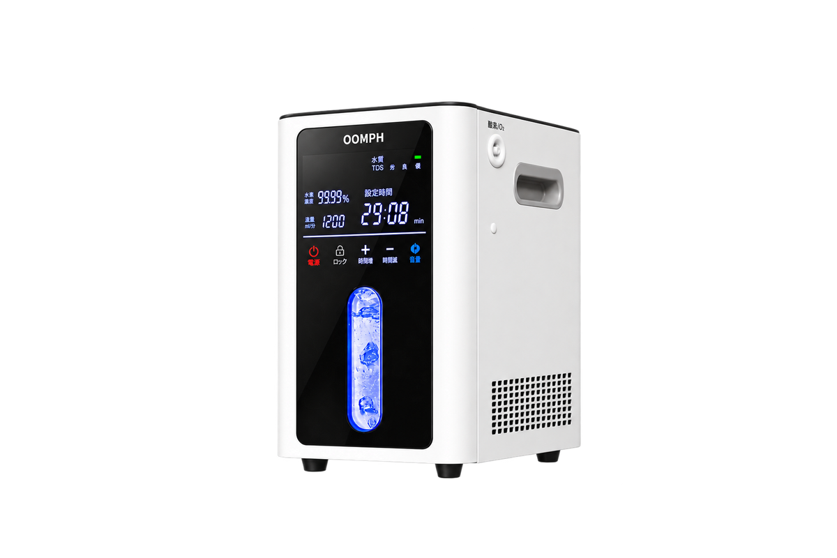 タッチパネルに水素濃度と設定時間が表示されたHO-1200 OOMPH水素酸素発生器の斜め正面。
