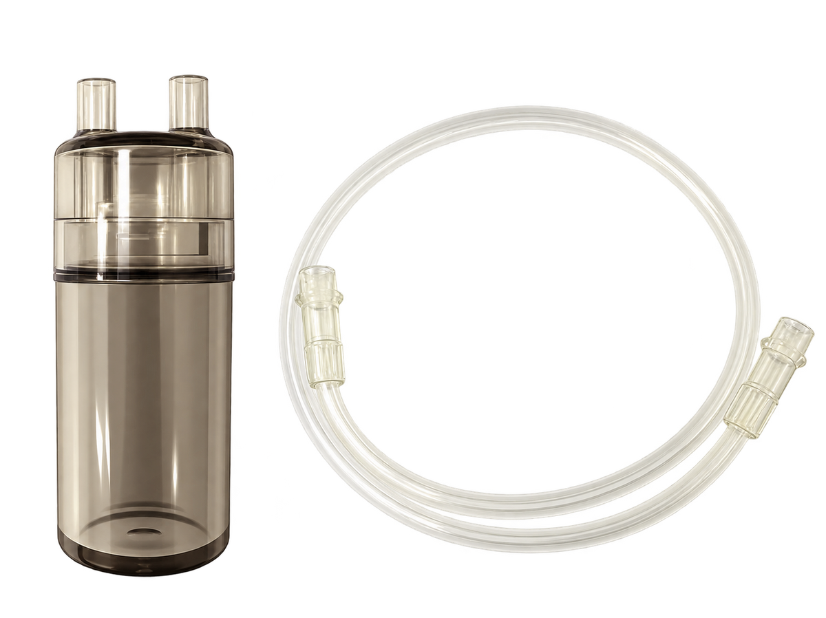 A brownish transparent water collection bottle and a transparent connecting tube.