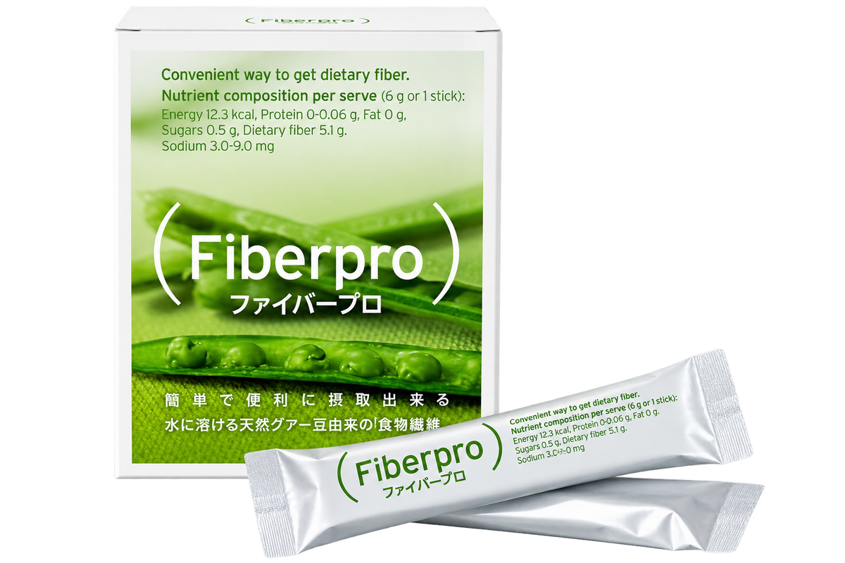 Fiberpro（ファイバープロ）天然食物繊維サプリの外箱とスティック包