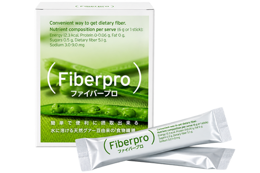 Fiberpro（ファイバープロ）天然食物繊維サプリの外箱とスティック包