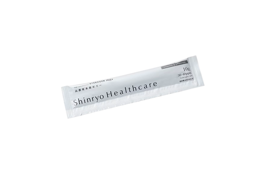 高濃度水素ゼリーVitaminC&Dの白いスティックパウチ1本。Shinryo Healthcareの文字が見えます。