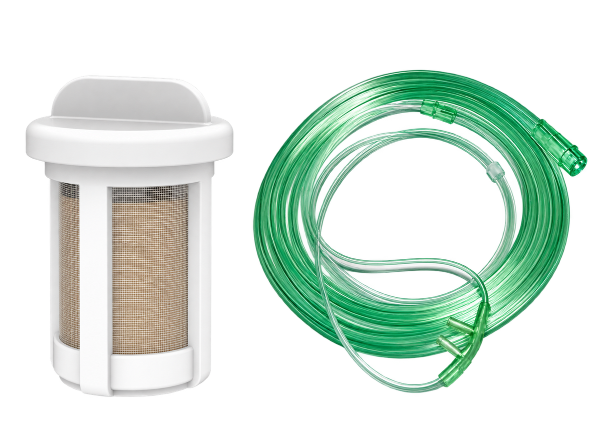 Photo of the consumables set, showing the white filter and the green cannula tube side by side.