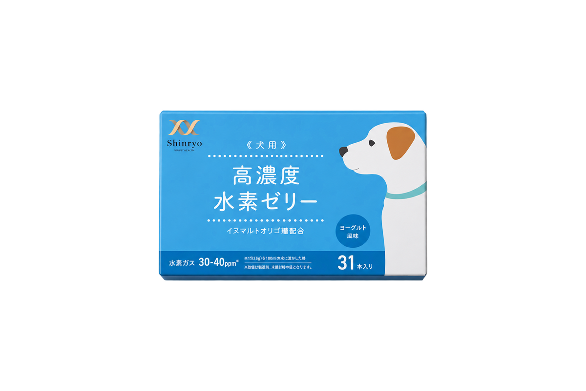 犬用高濃度水素ゼリー31本入りの青い外箱。イズマルトオリゴ糖配合のヨーグルト風味です。