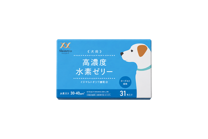 犬用高濃度水素ゼリー31本入りの青い外箱。イズマルトオリゴ糖配合のヨーグルト風味です。