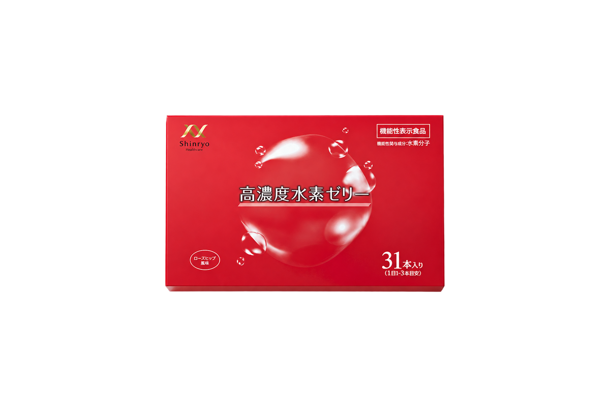 The red outer box of High-Concentration Hydrogen Jelly, 31 sticks. A Food with Functional Claims by Shinryo.