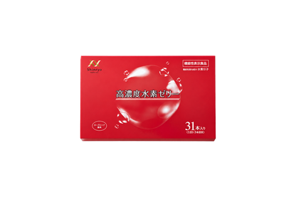 The red outer box of High-Concentration Hydrogen Jelly, 31 sticks. A Food with Functional Claims by Shinryo.