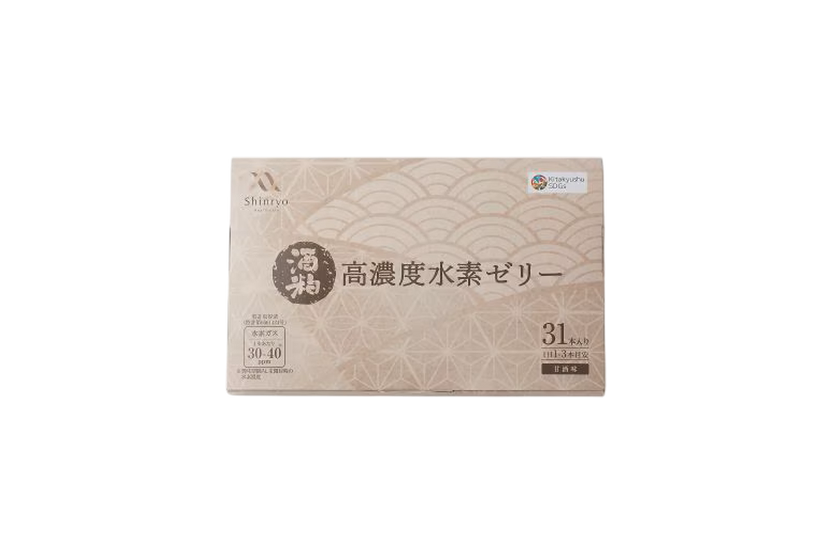 高濃度水素ゼリー酒粕31本入りのベージュ色の外箱。