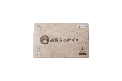 高濃度水素ゼリー酒粕31本入りのベージュ色の外箱。