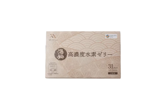 高濃度水素ゼリー酒粕31本入りのベージュ色の外箱。