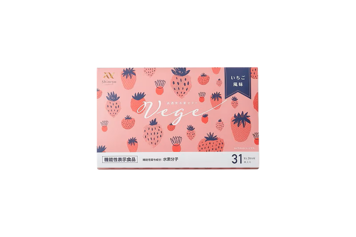 The pink outer box of High-Concentration Hydrogen Jelly Vege, 31 sticks. Strawberry flavor, illustrated with strawberries.