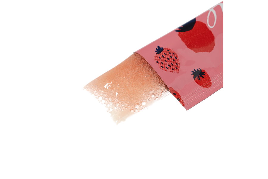 An opened stick of Hydrogen Jelly Vege with bubbly pink jelly squeezed out.