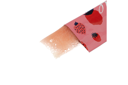 An opened stick of Hydrogen Jelly Vege with bubbly pink jelly squeezed out.
